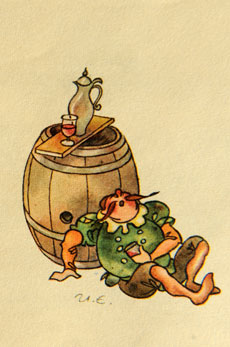 Heinzelmännchen-Zeichnung. Weinhersteller betrunken vor Fass