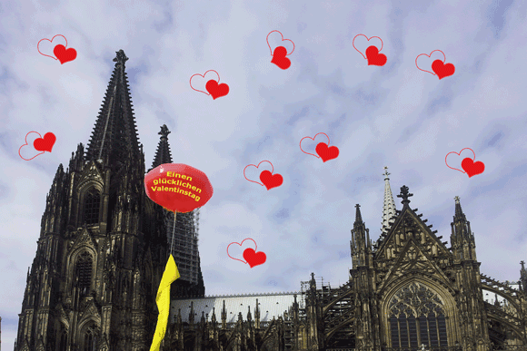 Kölner Dom mit Valentinsherzen