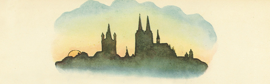 Stadtsilhouette von Köln  - gezeichnet von Utz Elsäßer für die Heinzelmännchensage